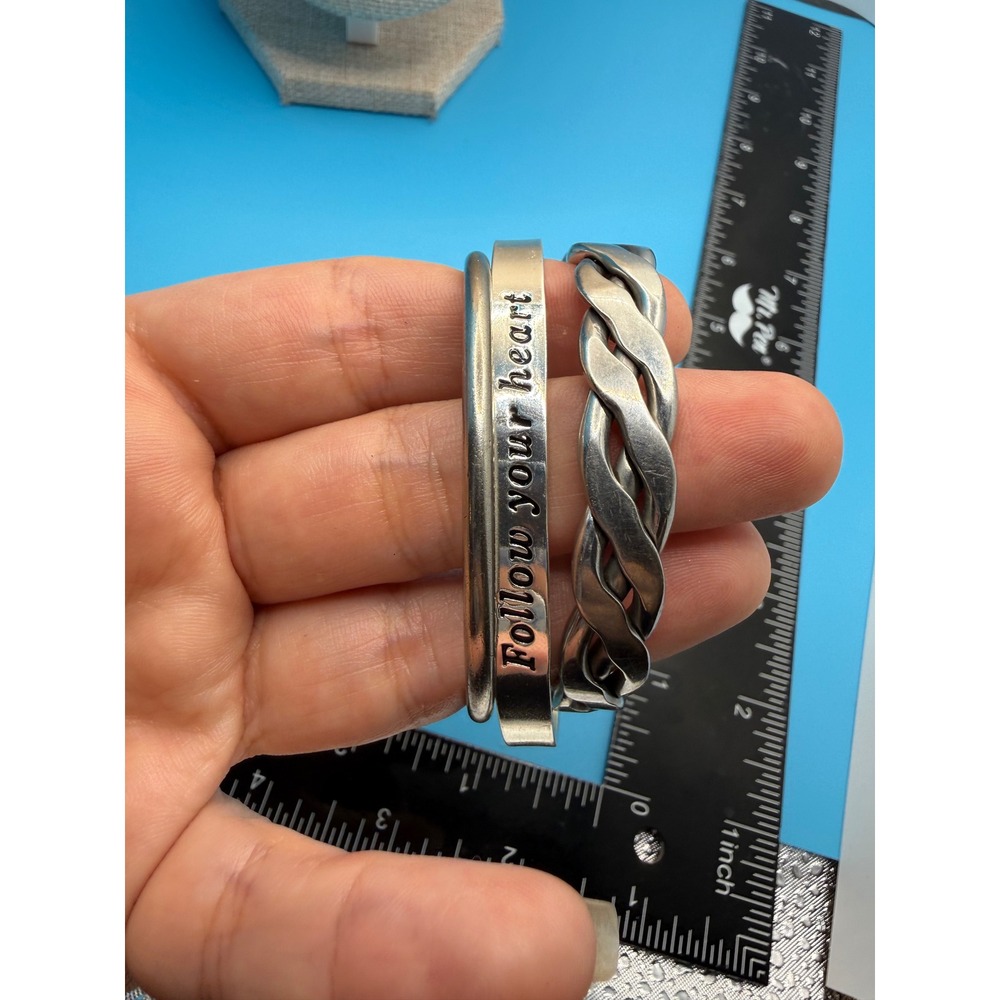Silver Tone Cuff Bracelet Set Follow Your‎ Heart Twisted Rope Sneaker Charm 3pc
